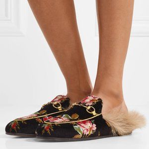 NIB Gucci Princetown Shearling Mule in Black Velvet Floral, size 42
